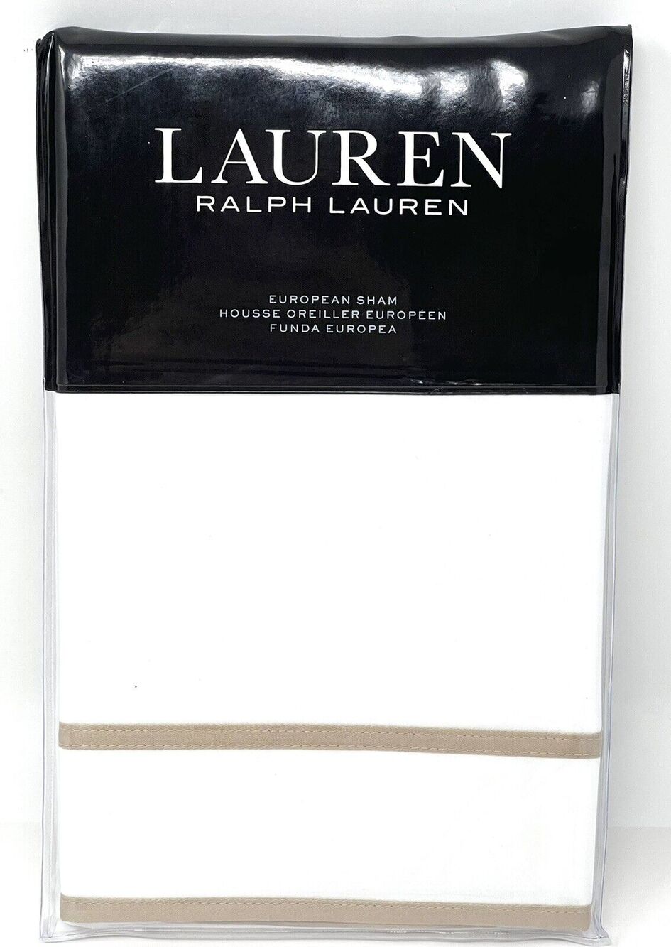 Ralph Lauren Spencer Sateen Border Euro Sham White Classic Tan NWT 26โ X 26โ